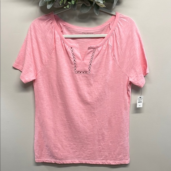 NWT Talbots Embroider Lace Trim Split Neck Cotton Tee Gardenia Pink XS - Picture 1 of 13